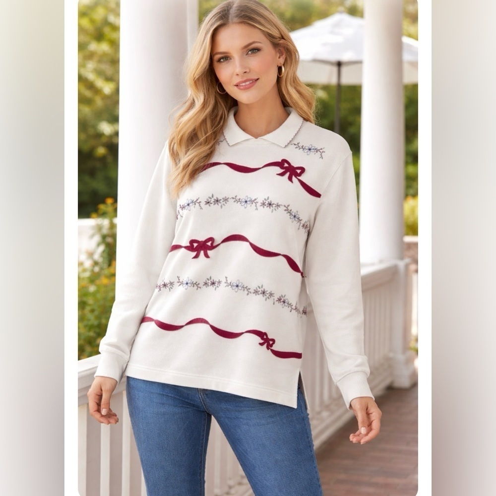 Alfred Dunner White and Red long Sleeve pullover L petite VTG red bow